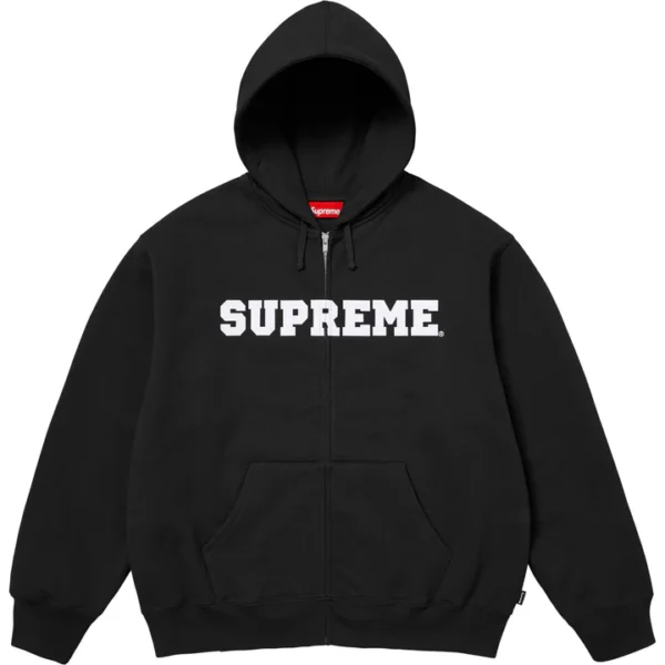 Collegiate Appliqué Zip Up Hooded Sweatshirt Black